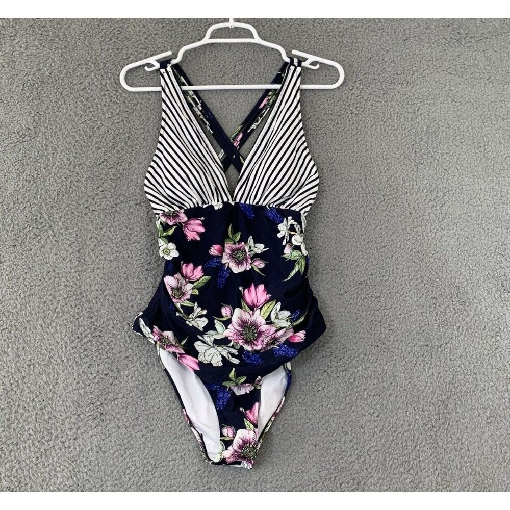 Cupshe One Piece Swimsuit Navy Striped Floral V Neck Tummy Control Women's Beach
